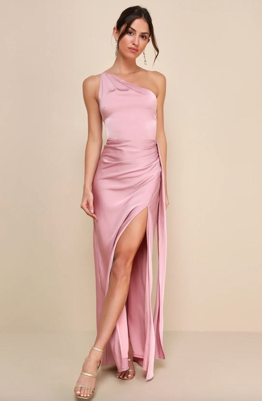 Lulus Signature Elegance Rose Satin One Shoulder Maxi Dress Formal Large NWT